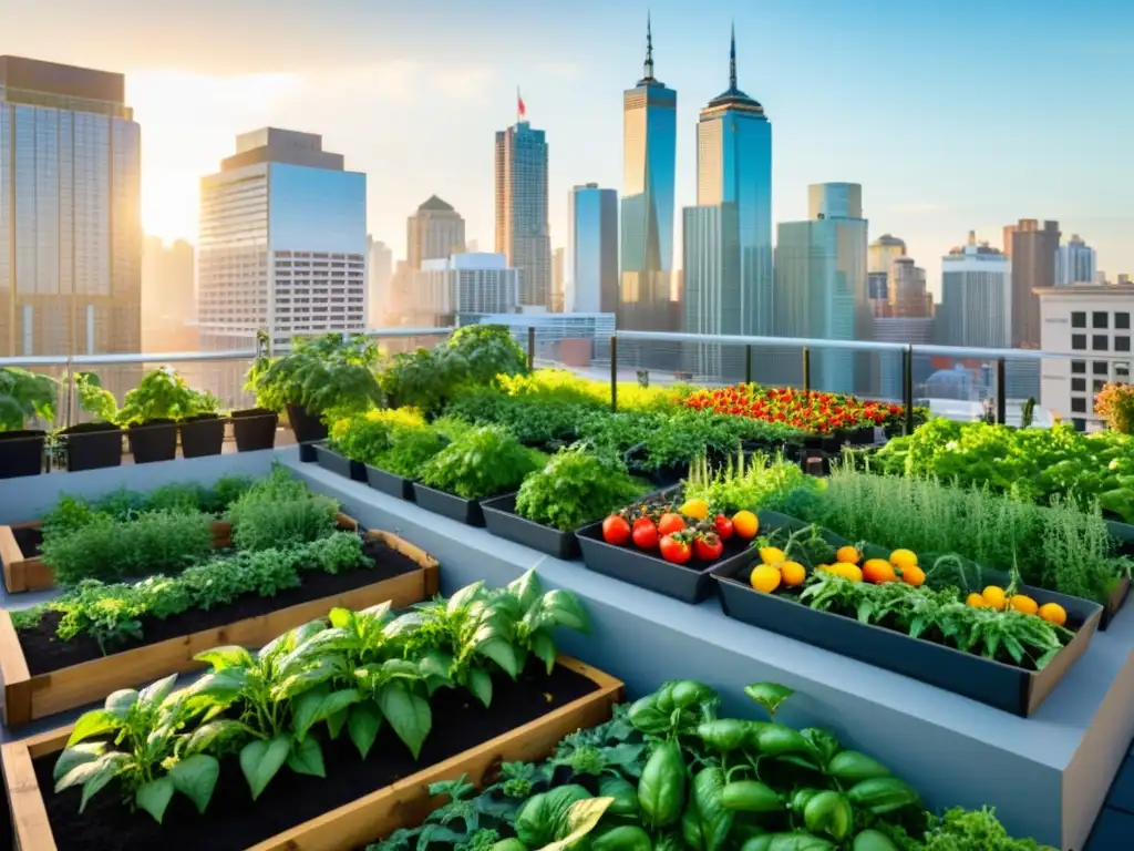 Un jardín urbano sostenible rebosante de vegetación exuberante y cultivos variados como tomates, pimientos y hierbas