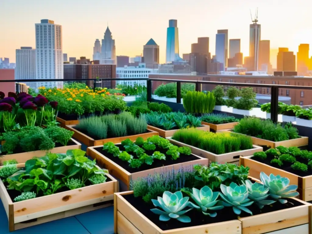 Un jardín urbano sostenible rebosante de vida, con técnicas de cultivo urbano sostenible, enmarcado por la ciudad y sus habitantes