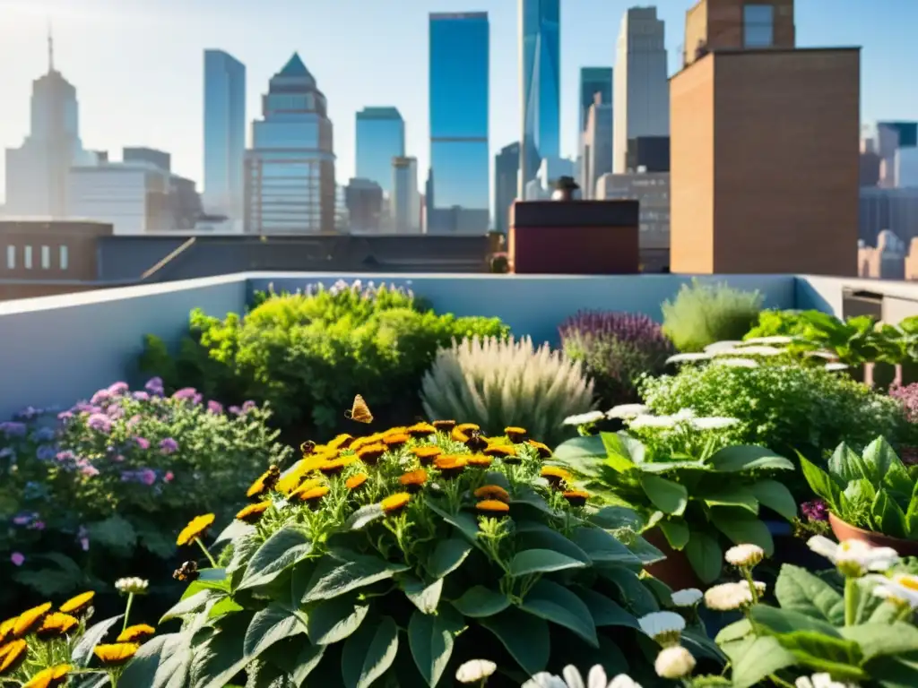 Un jardín urbano sostenible rebosante de vida y color, con polinizadores y la ciudad de fondo