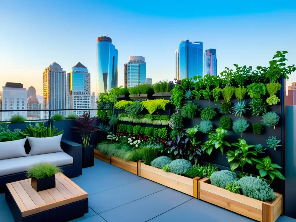 Un jardín urbano sostenible con soluciones creativas y vegetación exuberante, integrando la vida urbana con la naturaleza