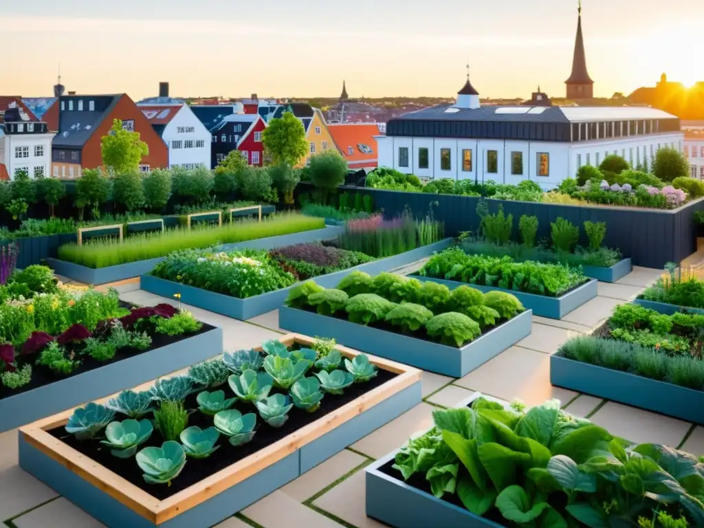 Un jardín urbano sostenible en Escandinavia con vegetales y flores vibrantes, en armonía con la arquitectura histórica