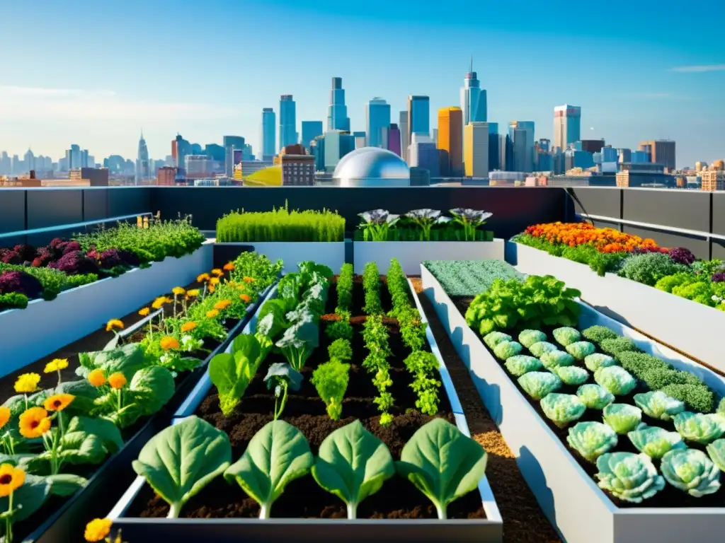 Jardín urbano sostenible con vegetales, flores coloridas y colmenas, organizado en camas elevadas con sistema de riego y paneles solares