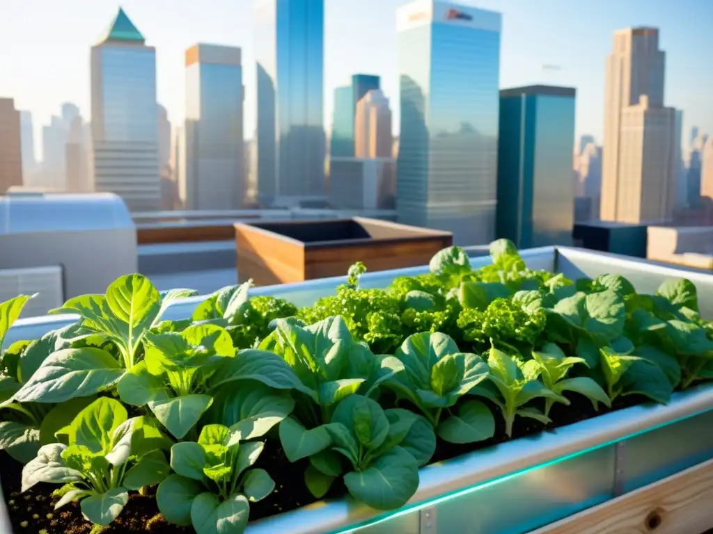 Jardín urbano sostenible con acuaponía: verdor exuberante bajo el sol de la ciudad, agricultura armoniosa y modernidad