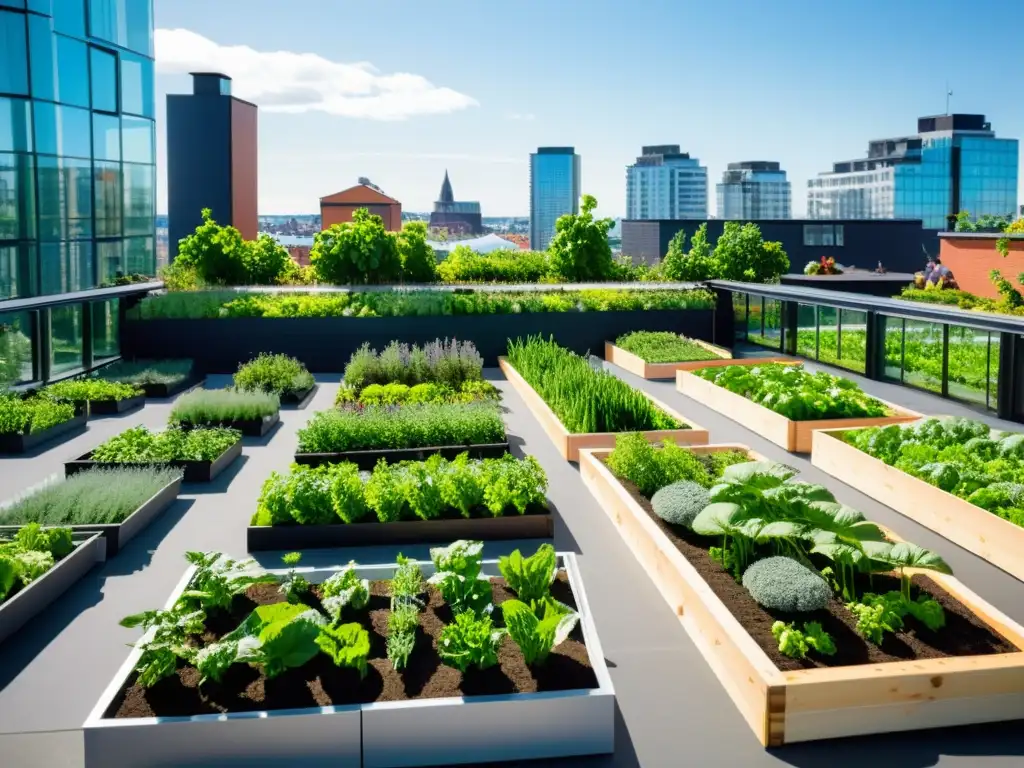 Un jardín urbano sostenible en Escandinavia con verduras y hierbas en camas elevadas, rodeado de rascacielos