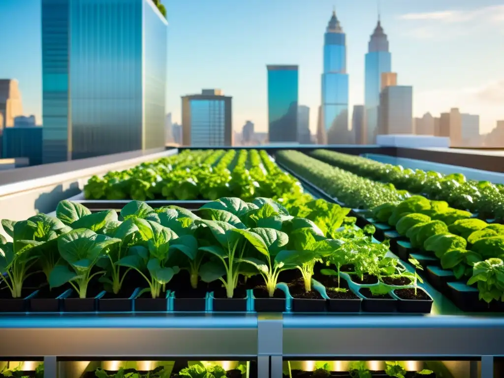 Jardín urbano de tecnología acuapónica con huertos verticales futuristas y verduras frescas, rodeado de rascacielos en la ciudad