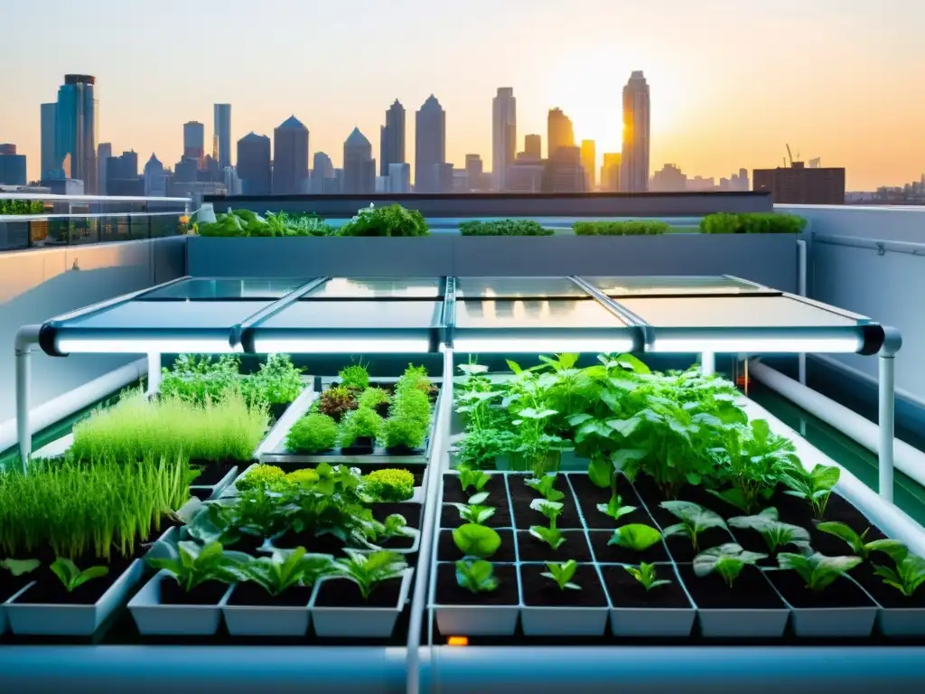 Jardín urbano con tecnología de acuaponía integrada, plantas verdes y vista a la ciudad