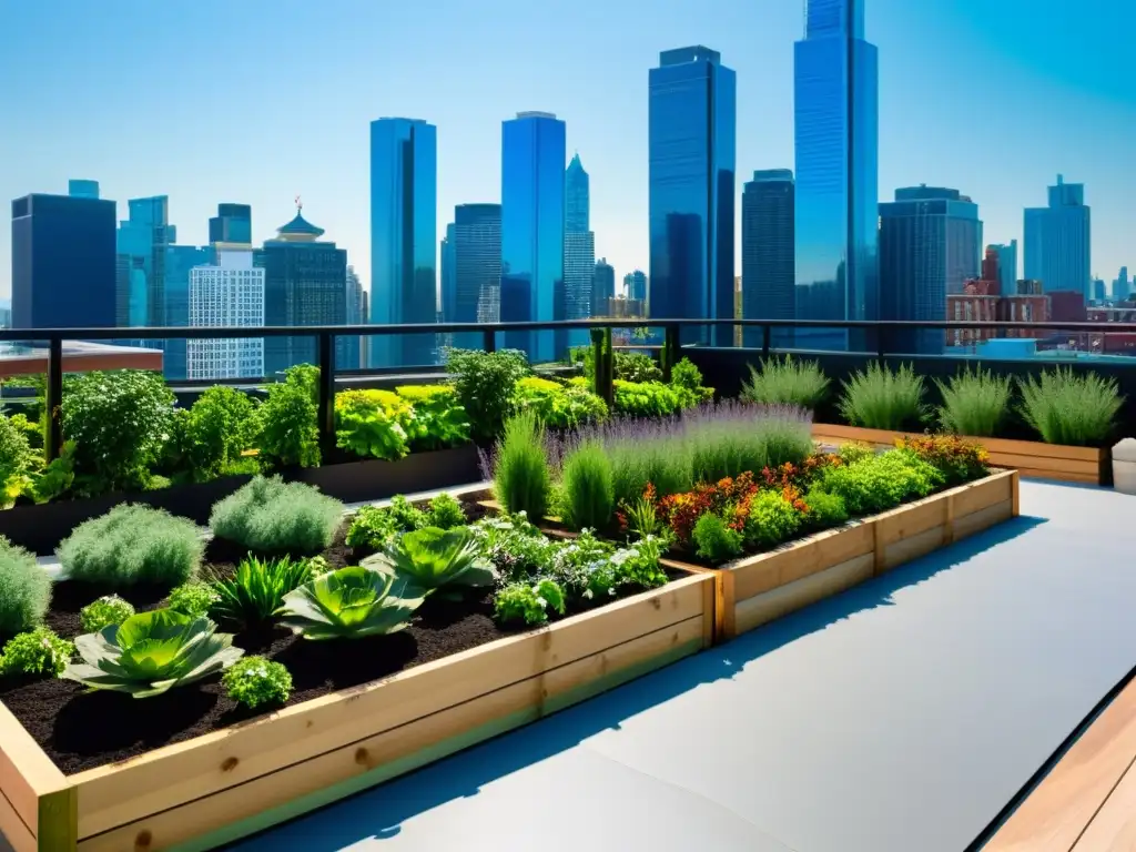 Jardín urbano en terraza con plantas verdes y rascacielos al fondo