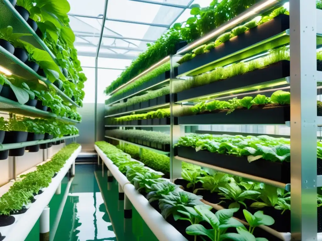 Jardín urbano de acuaponía con torres verticales mostrando una variedad de vegetales y hierbas vibrantes