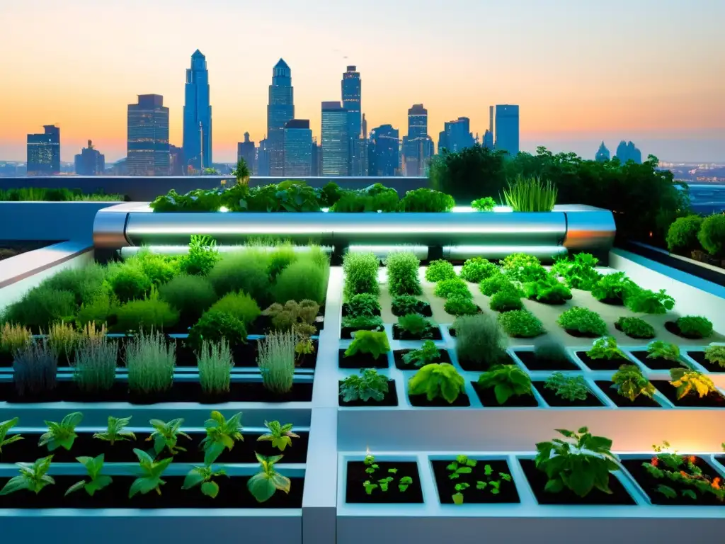 Un jardín urbano de vanguardia con un sistema de acuaponía, destacando la fusión de naturaleza y tecnología