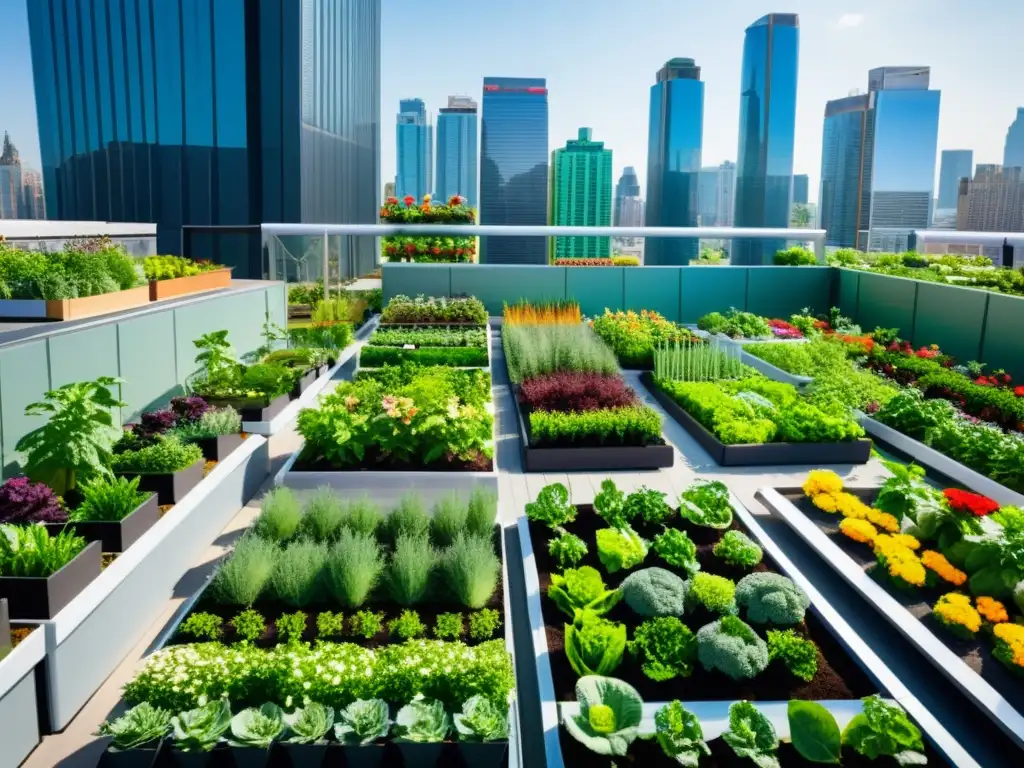 Jardín urbano con vegetales y flores en medio de la ciudad, destacando la innovación agrícola sostenible en ciudad