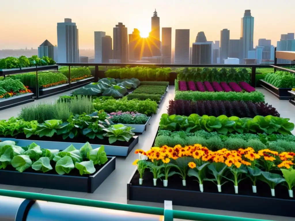 Jardín urbano con vegetales y flores vibrantes bajo el sol, integrando tecnologías de cultivo