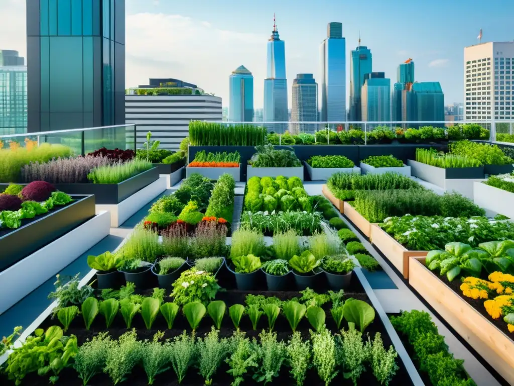 Un jardín urbano con vegetales, hierbas y flores en camas elevadas