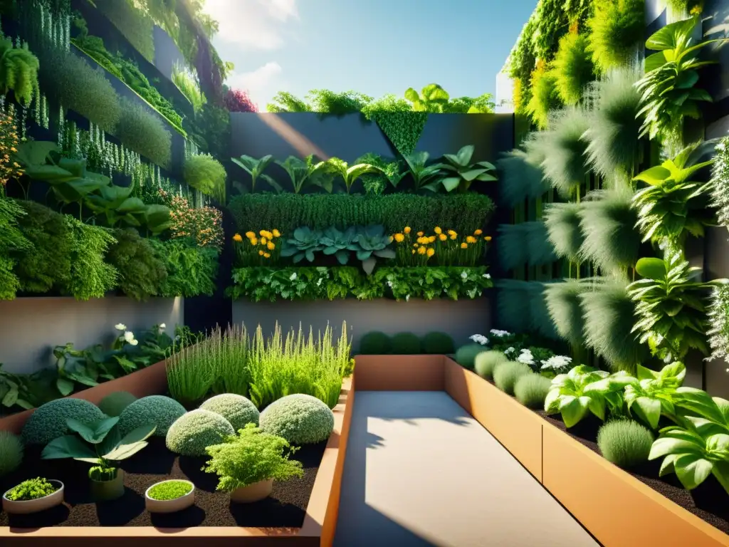 Un jardín urbano en 3D con vegetales, hierbas y flores en huertos verticales modernos