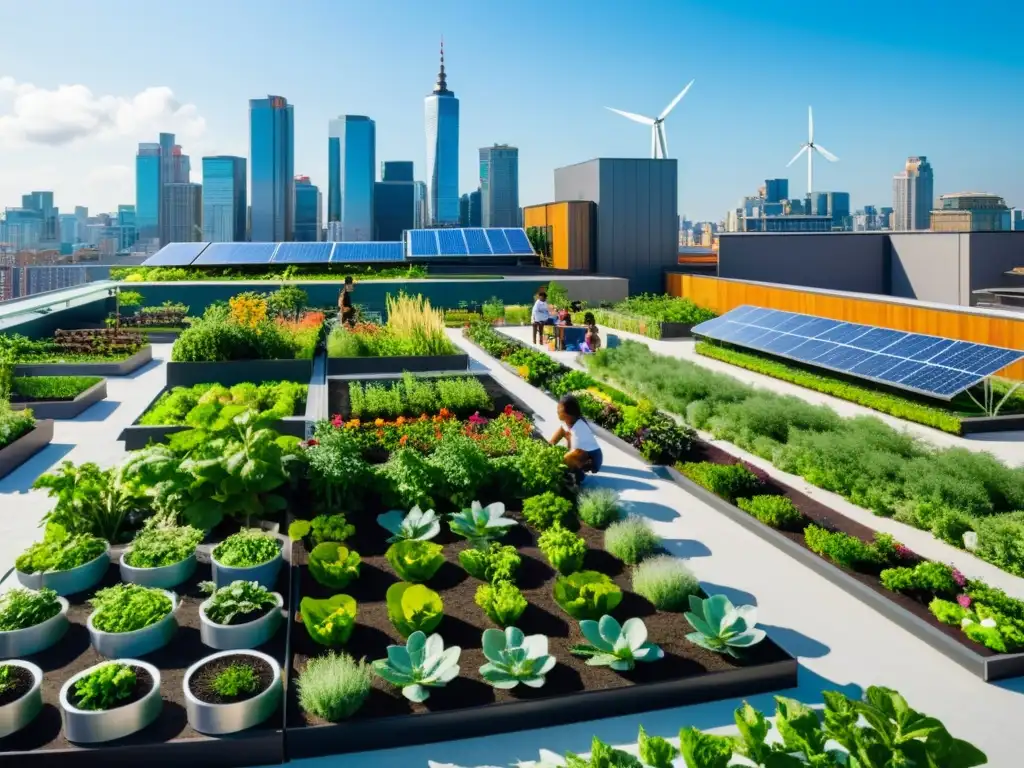 Un jardín urbano verde y exuberante en la azotea, con niños y maestros colaborando en el cuidado de las plantas y aprendiendo sobre la agricultura sostenible