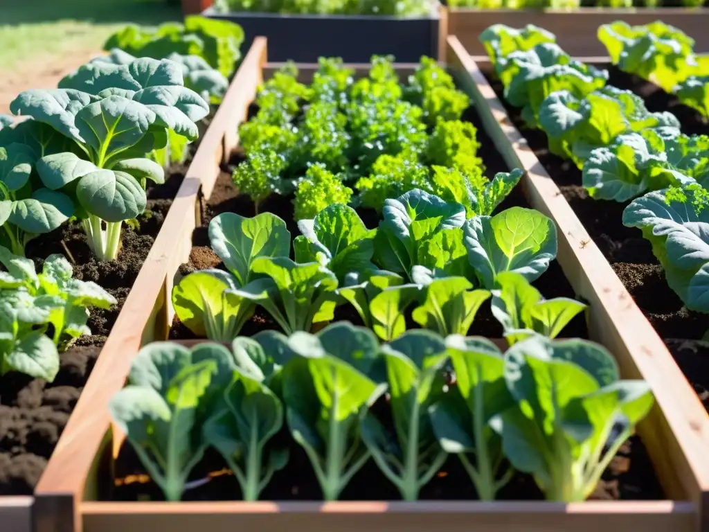 Jardín urbano con verduras frescas en camas elevadas, contrastando naturaleza y vida citadina para fermentar vegetales en espacios reducidos