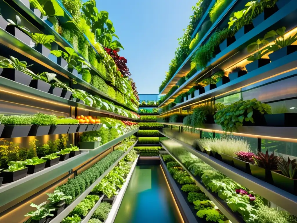 Un jardín urbano vertical de alta tecnología, bañado por la cálida luz solar