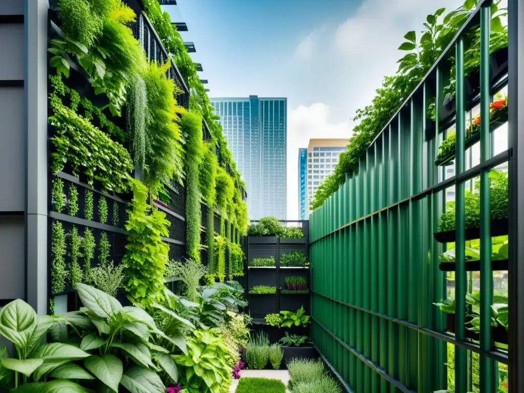 Un jardín urbano vertical moderno con plantas exuberantes, rodeado de edificios altos