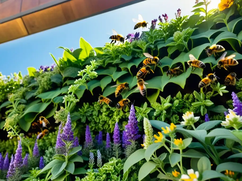 Un jardín urbano vertical rebosante de flores y abejas, con una sinergia natural en la ciudad