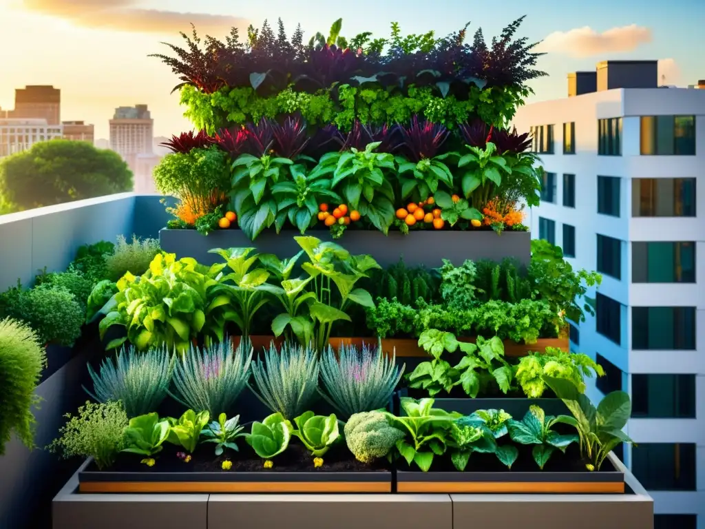 Jardín vertical urbano: ingenio y belleza en el paisaje Un jardín urbano vertical rebosante de verdor y vegetales coloridos, iluminado por el sol