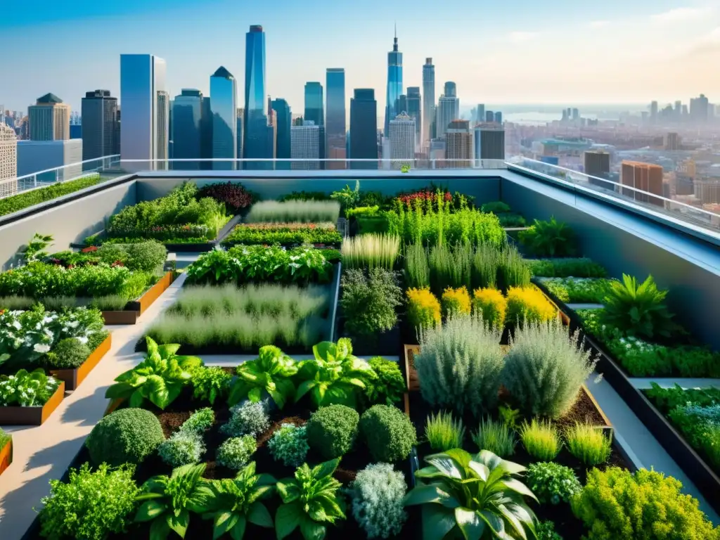 Un jardín urbano vertical con tendencias huertos verticales agricultura urbana, bañado por la suave luz natural y la impresionante ciudad al fondo