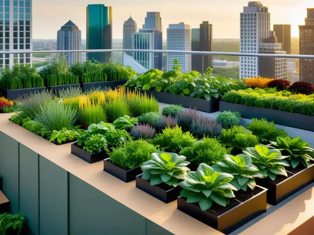 Un jardín urbano vertical con verduras vibrantes y modernos edificios de fondo, capturando soluciones innovadoras seguridad alimentaria urbana