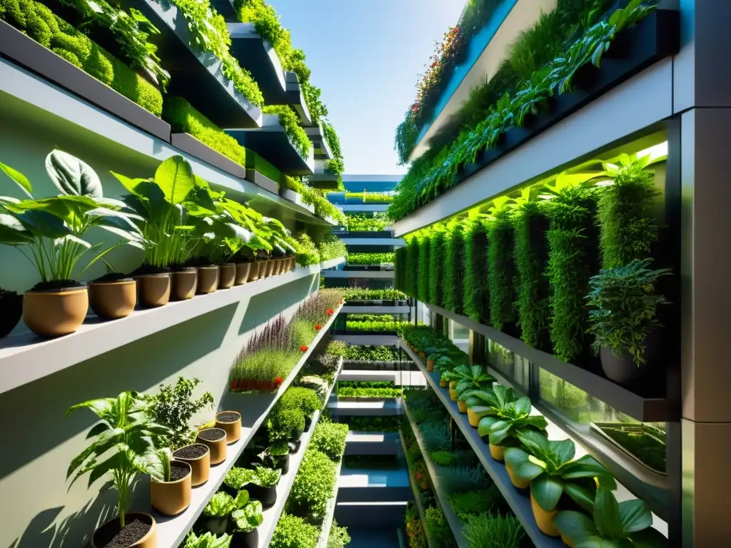 Un jardín urbano vertical vibrante y detallado, con plantas exuberantes, integrando la permacultura en huertos urbanos verticales