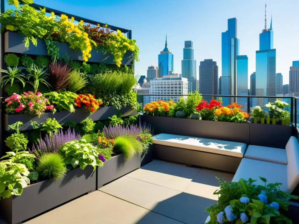 Un jardín urbano vertical vibrante y moderno con plantas exuberantes y flores coloridas