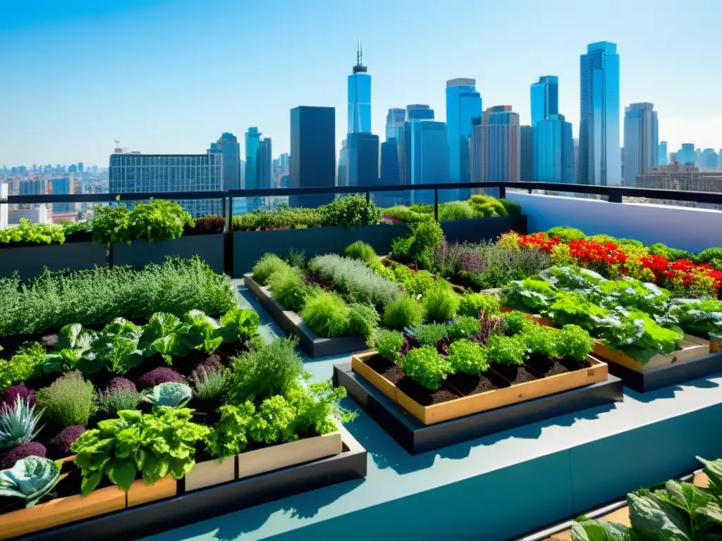 Un jardín urbano vertical vibrante y moderno, con frutas, verduras y un fondo de ciudad