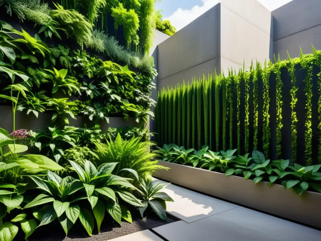 Un jardín urbano vertical vibrante y moderno con una variedad de exuberantes plantas verdes, que refleja innovación y sostenibilidad