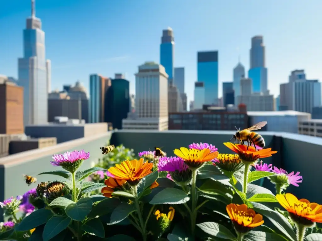 Un jardín urbano vibrante atrae abejas y mariposas con su colorida belleza, en armonía con la vida citadina