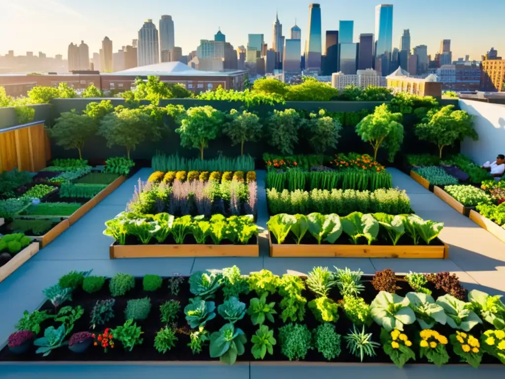 Jardín urbano vibrante con agricultura diversa y moderna, apoyando la sostenibilidad y la inclusión social en la ciudad