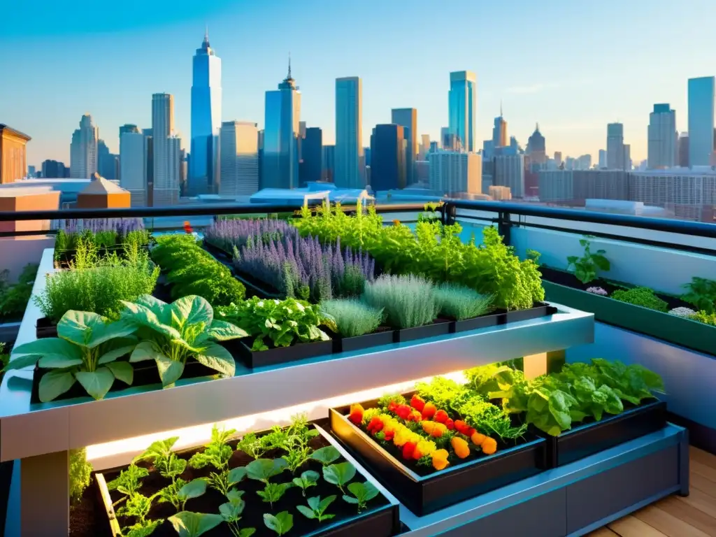 Jardín urbano vibrante con acuaponía para agricultura urbana sostenible, vegetales coloridos y skyline urbano al fondo