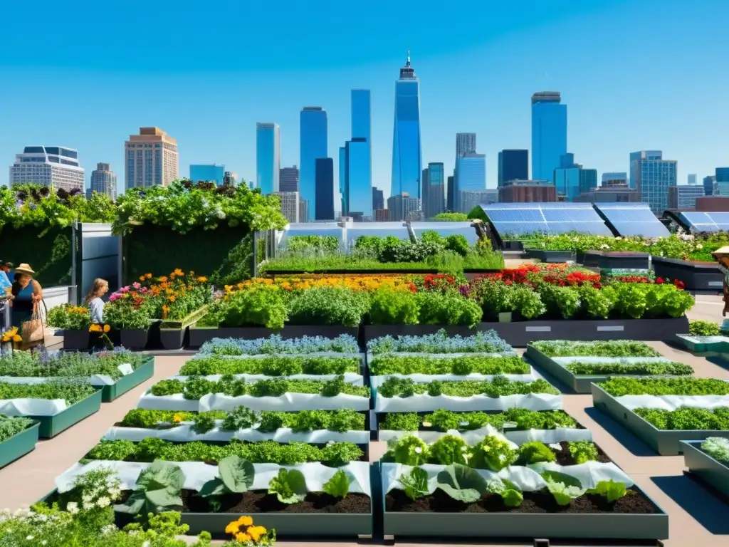 Jardín urbano vibrante con agricultura urbana, reducción de emisiones y cambio climático en armonía con la ciudad