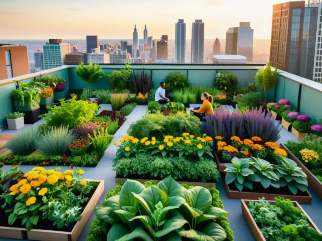 Un jardín urbano vibrante con agricultura urbana sistemas acuaponía, personas cuidando plantas, cosechando y practicando yoga al atardecer