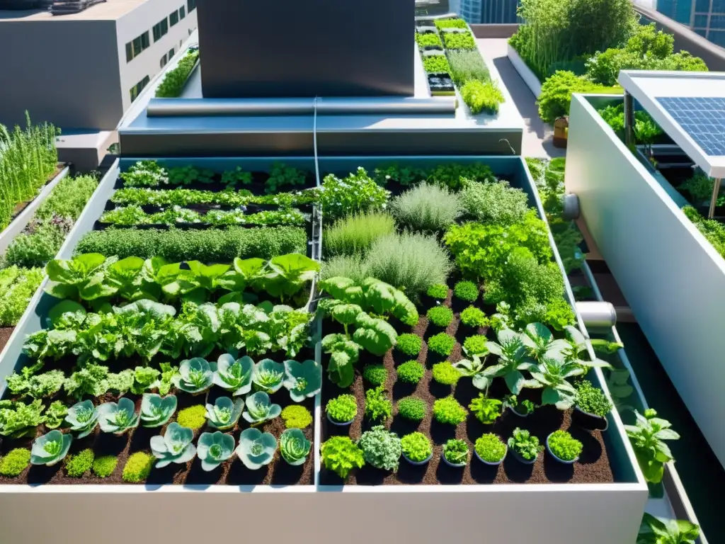 Jardín urbano vibrante con acuaponía para agricultura urbana sostenible, contrastes de luz y sombra, y rascacielos al fondo