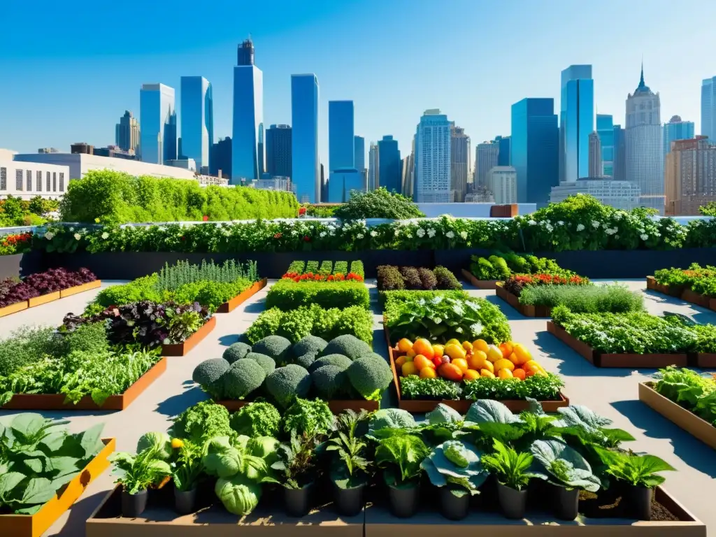 Jardín urbano vibrante con apoyo gubernamental agricultura urbana, frutas, verduras y flores en contraste con la vida urbana moderna