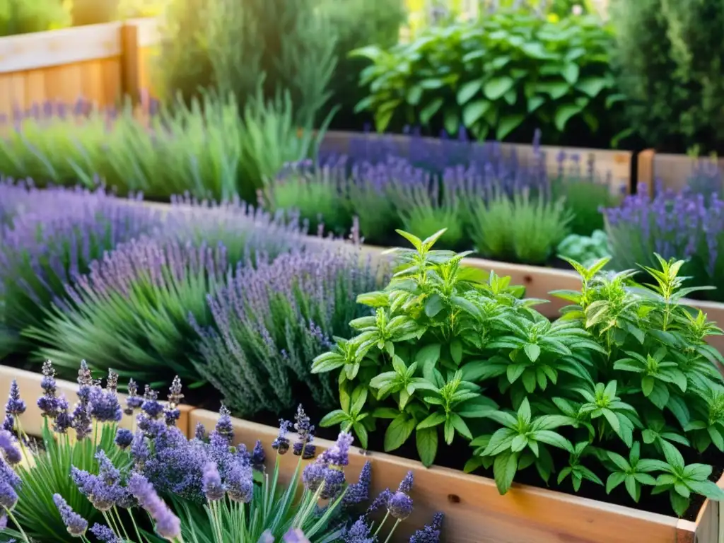 Un jardín urbano vibrante y aromático con plantas como lavanda, romero y menta