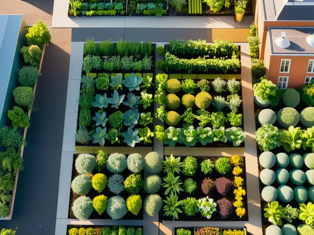 Un jardín urbano vibrante al atardecer, con cultivos en camas elevadas