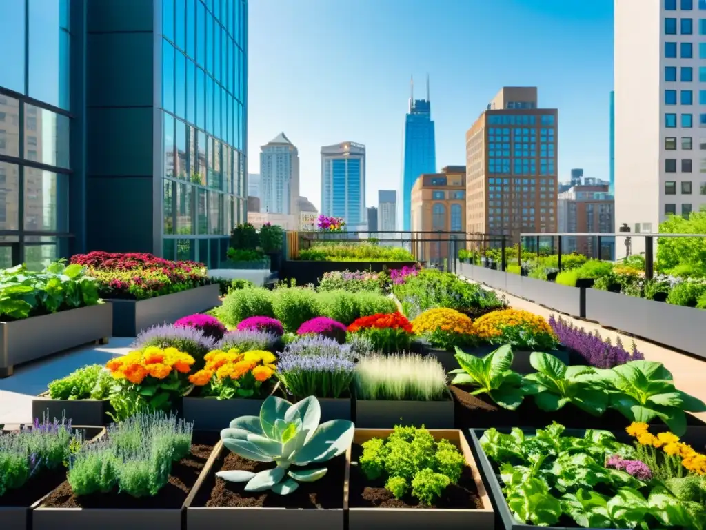 Un jardín urbano vibrante en la azotea de un edificio, rodeado de arquitectura moderna y ventanas de vidrio