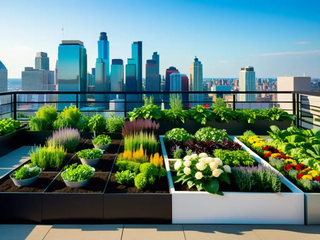 Un jardín urbano vibrante en la azotea, con vegetación exuberante y contrastes dramáticos de luz y sombra