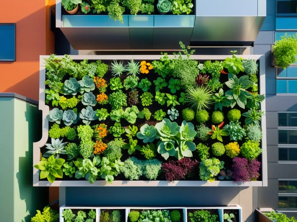 Un jardín urbano vibrante en azotea, con huertos para agricultura urbana en contraste con rascacielos de vidrio