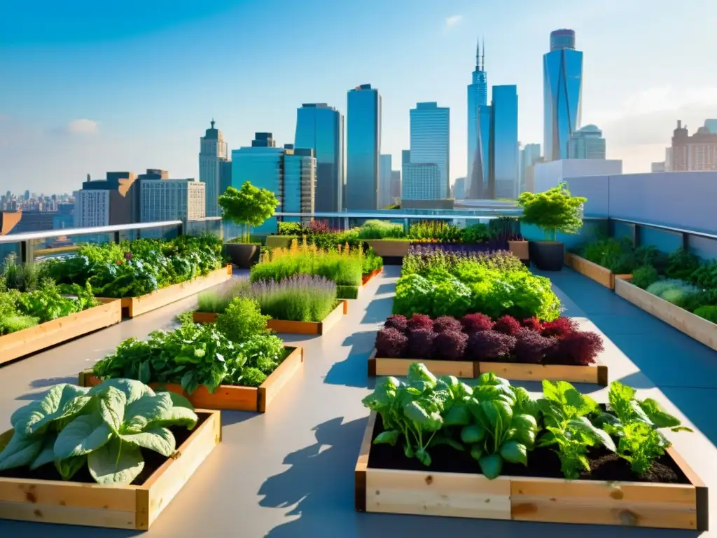 Un jardín urbano vibrante en una azotea, con huertos urbanos en azoteas creando un oasis de calma en medio de la ciudad