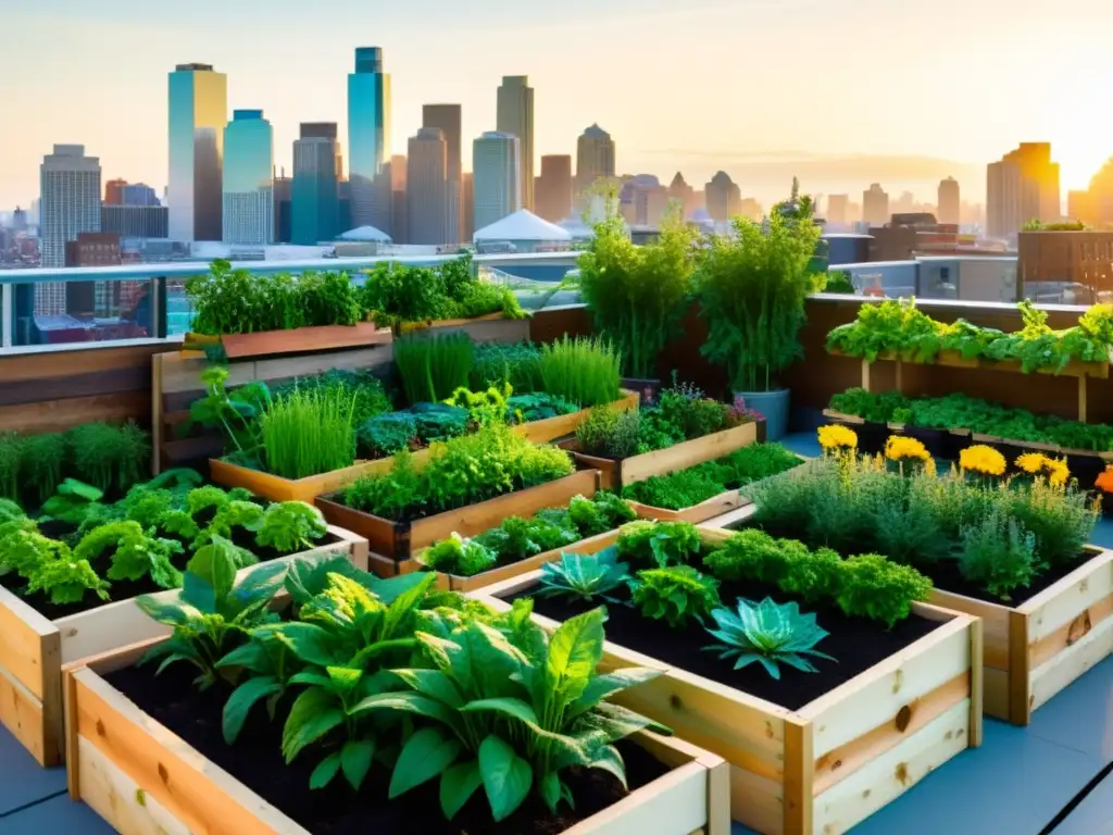 Jardín urbano vibrante en la azotea con plantas verdes y hortalizas coloridas, bajo el sol de la ciudad