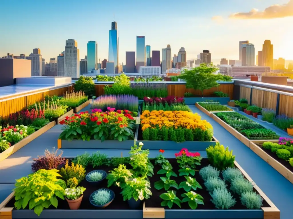 Un jardín urbano vibrante en la azotea, con plantas coloridas y diversidad de personas trabajando juntas en armonía, reflejando la comunidad y la sostenibilidad de los huertos urbanos en la azotea