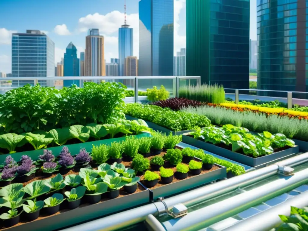 Un jardín urbano vibrante con biodisponibilidad nutrientes acuaponía huertos verticales, integrado en la ciudad moderna