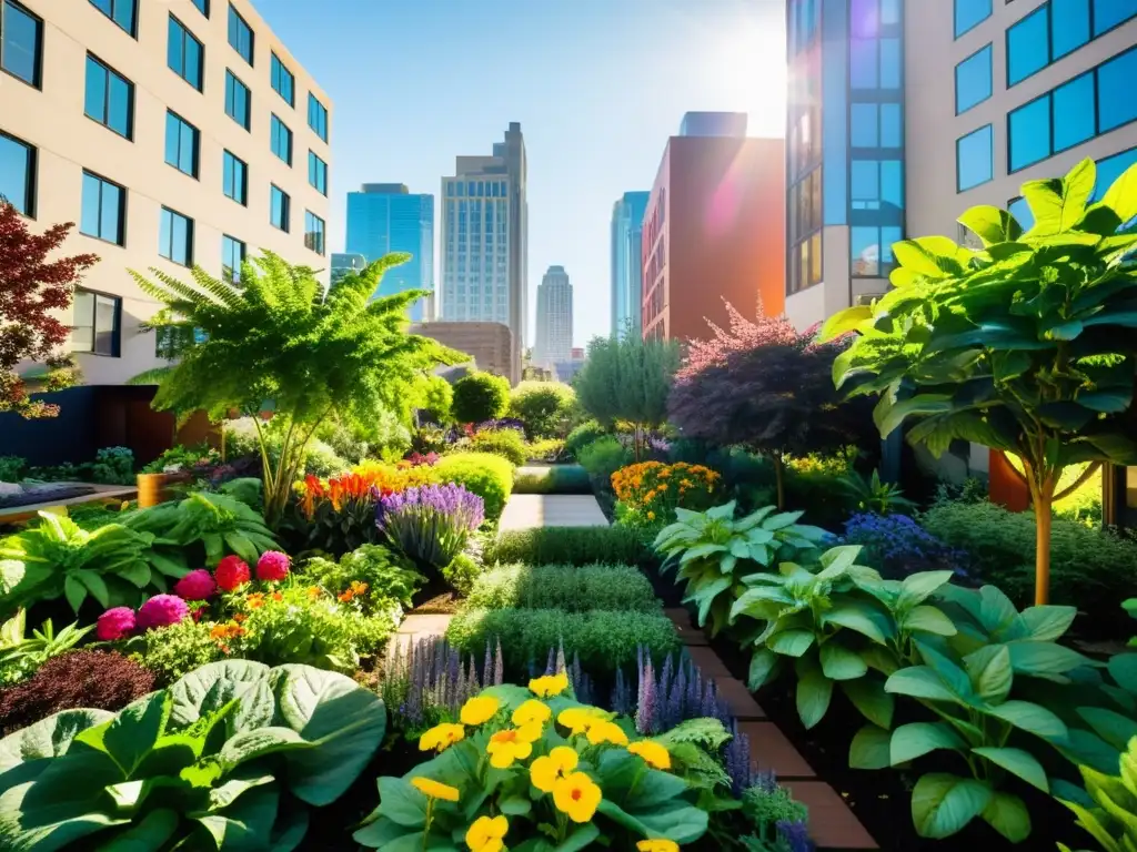 Un jardín urbano vibrante y biodiverso con plantas coloridas, vida silvestre y un impacto positivo en la biodiversidad