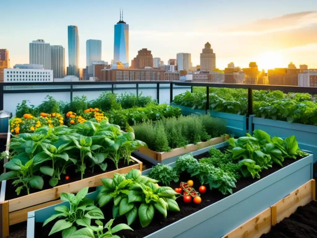 Un jardín urbano vibrante y bullicioso con cultivos prósperos en contraste con la infraestructura urbana