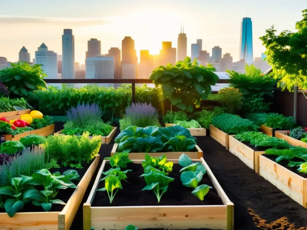 Un jardín urbano vibrante y bullicioso con una diversa variedad de vegetales y hierbas en armoniosa rotación y asociación de plantas