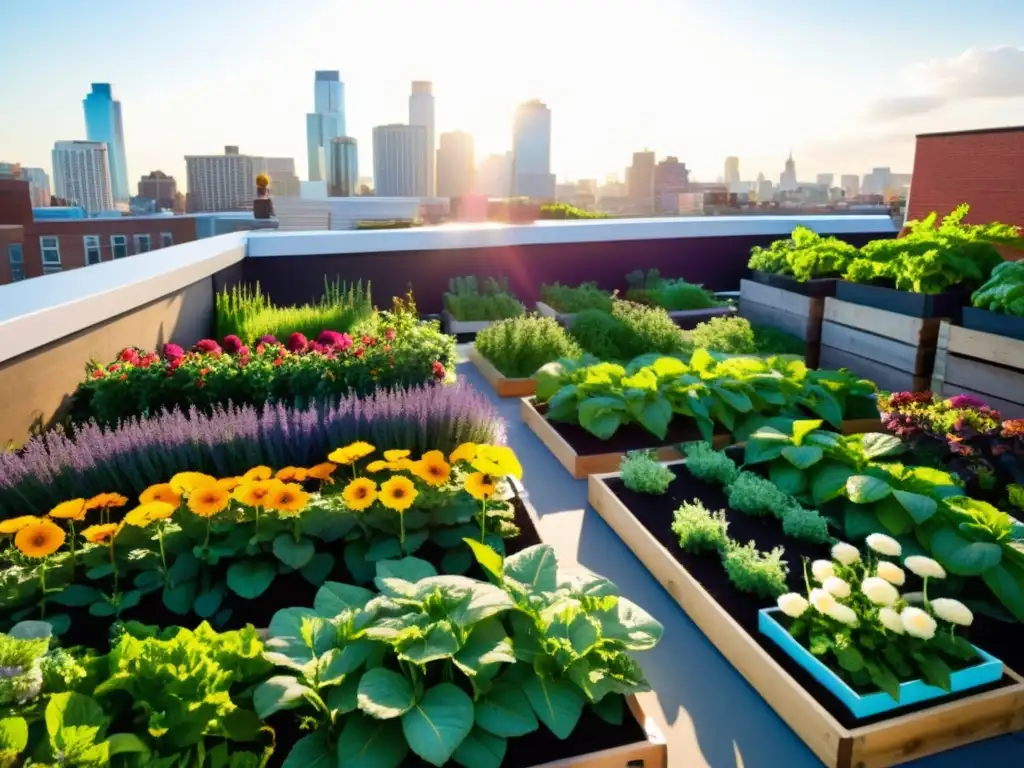 Un jardín urbano vibrante y bullicioso con frutas, verduras y flores coloridas en huertos verticales