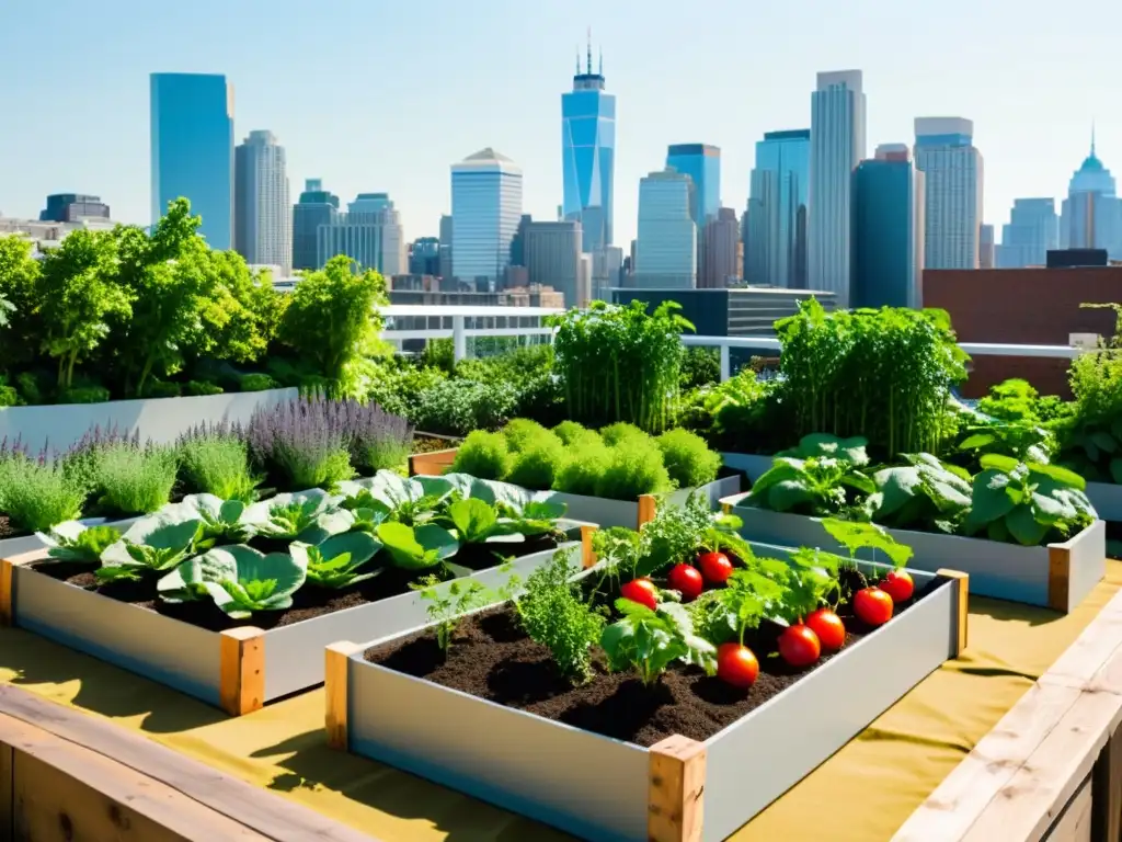 Un jardín urbano vibrante y bullicioso con frutas, verduras y hierbas prósperas en camas elevadas